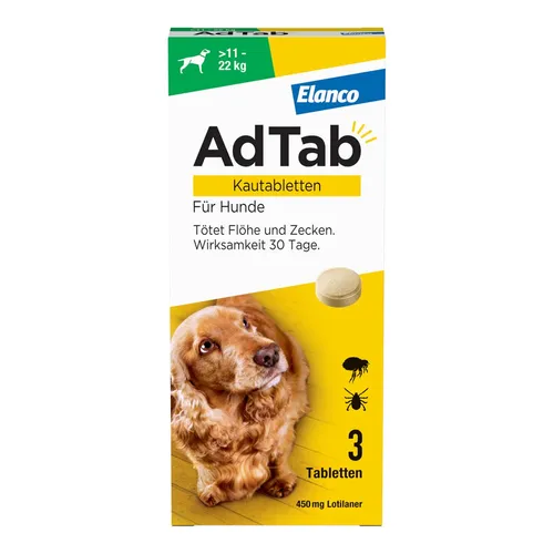 AdTab 450 mg Kautabletten für Hunde 11-22 kg - 3 Stück - Tiergesundheit: Effektive Kautabletten zur Unterstützung der Gesundheit von Hunden zwischen 11-22 kg, rezeptfrei erhältlich.