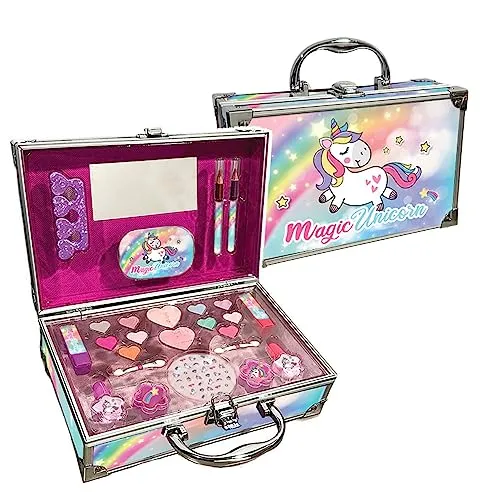 Nice Group - Magic Unicorn Case Make Up für Kinder - Schminke für Kinder: Magischer Einhorn-Koffer mit 10 Lidschatten, 2 Rouge und mehr, aus sicheren, ungiftigen Materialien – ideal für kreative Rollenspiele und fantasievolles Schminken.