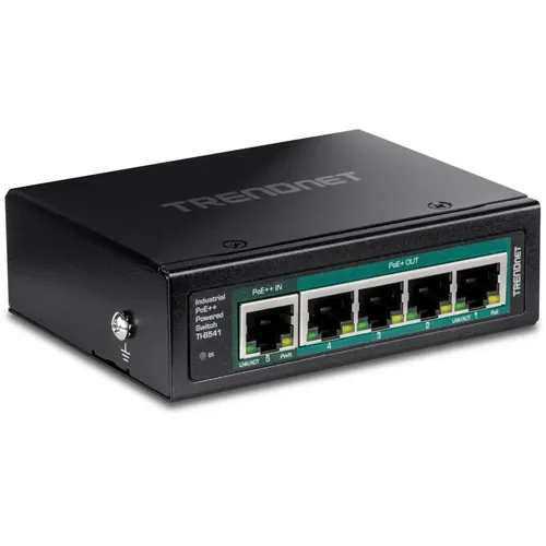 TRENDnet TI-B541 - Industrieller PoE Switch - Netzwerk-Switch mit PoE Pass-Through, 1 x PoE++ Eingang und 4 x PoE+ Ausgänge, ideal für industrielle Anwendungen und vielseitige Montagemöglichkeiten.