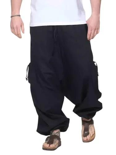 Kunst und Magie Herren Goa Haremshose 3XL Schwarz/Braun - Herren Haremshose aus 100 % Baumwolle mit dehnbarem Bund und Kordelzug. Ideal für Komfort und Stil, mit zwei praktischen Hosentaschen und fair produziert in Nepal.
