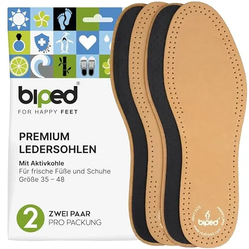 biped 2 Paar Premium Leder Schuheinlagen mit Aktivkohle - Atmungsaktive Sohlen gegen Schweißfüße - Weiche Leder Einlegesohlen Herren und Damen z2763(41)