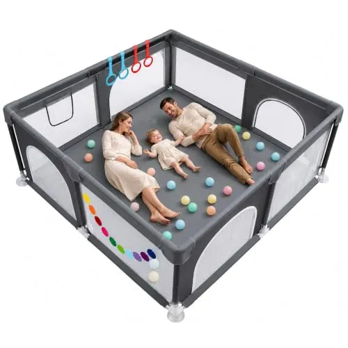 Laufstall Baby Robustes Laufgitter Playpen: 125*125cm Baby Gitter mit 4 Reißverschlusstür & Starker Saugnapf | Sicheres Kinder Play Pen Gitter mit Schaumstoffpolsterung | Einfacher Aufbau (Dunkelgrau)