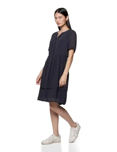 Street One Studio Damen Tunikakleid - Kleider für Damen, knielanges Design mit geschlitztem Ausschnitt und dekorativen Volants für einen besonderen Look.