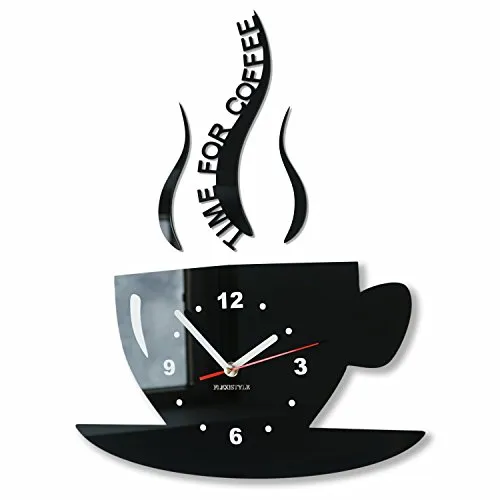 FLEXISTYLE Tasse Zeit für Kaffee Wanduhr - Moderne Wanduhr in schwarz mit 3D römischen Ziffern, geräuschlosem Uhrwerk - ideal für kreative Küchen-Dekoration.