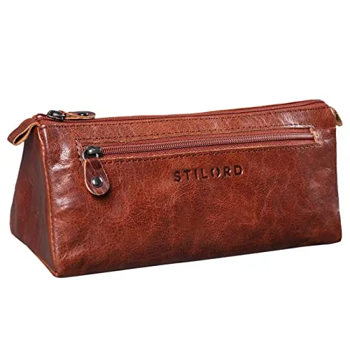 STILORD 'Alexis' Vintage Leder Etui Stiftemappe mit 2 Fächern und Reißverschluss Federtasche Federmäppchen Schlampermäppchen Echtes Leder, Farbe:Brandy - braun