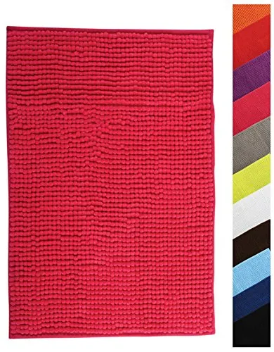 MSV - Chenille Badematte - Flauschiger Langflor Mikrofaser, rutschfest - 40 x 60 cm - Fuchsia - Maschinenwaschbar - Aufhängeschlaufe für schnelles Trocknen