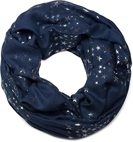 styleBREAKER Damen Loop Schal mit Metallic Sterne Print | Glitzer Schlauchschal ca. 89 x 75 cm | Leichter Rundschal für Frühjahr & Herbst, Farbe:Dunkelblau