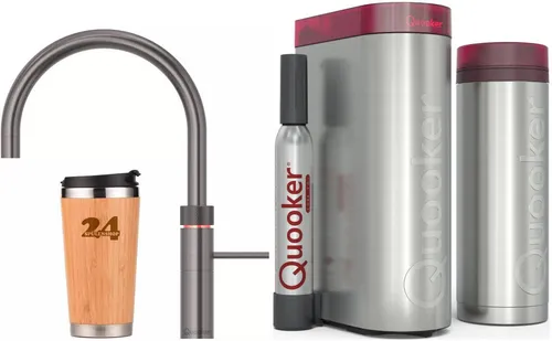 QUOOKER FUSION ROUND Gunmetal PVD VAQ PRO3 mit CUBE 2 - Kochendwasserhahn schwarz - Kochendwasserhahn mit integriertem Trinkwassersystem für sofort kaltes, warmes und gekühltes Wasser. 5-in-1 Funktion, 360° schwenkbar, ideal für moderne Küchen.