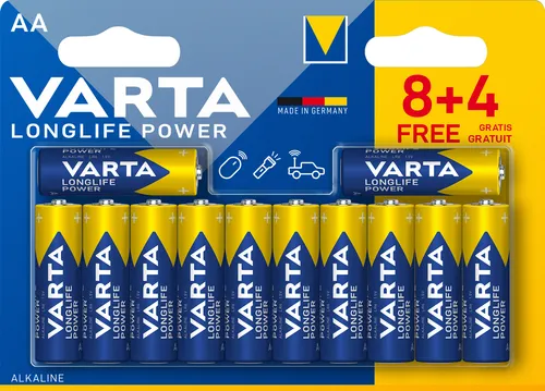 VARTA Alkaline Batterie Longlife Power Mignon AA 8+4 GRATIS (12 Batterien)