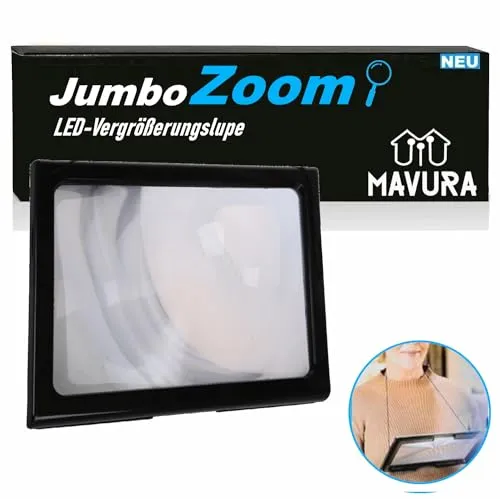 JumboZoom LED Leselupe XXL Lese Lupe Vergrößerungslupe Licht Lesehilfe, Lupe A4 Tischlupe Standlupe, faltbar mit 3-facher Vergrößerung & Klappständer