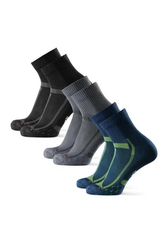 LAUFSOCKEN FÜR LANGE DISTANZEN - 3-Pack - Schwarz/Grau | Grau/Schwarz | Blau/Gelb - 35-38 - Sportsocken für lange Strecken, ideal für Marathons und Trail-Running. Atmungsaktiv, schweißableitend mit zusätzlicher Dämpfung und Fußgewölbekompression für maximalen Komfort und Blasenschutz.