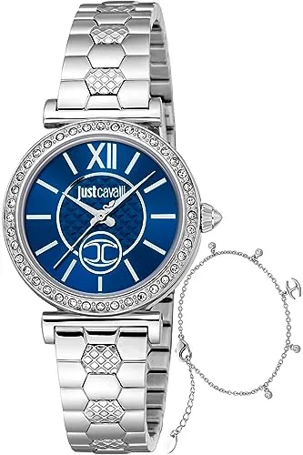 Just Cavalli Damen JC1L273M0045 Uhr SET Varenna Quarz 30mm - Elegante Damenarmbanduhr mit rundem Edelstahlgehäuse und blauem Zifferblatt. Wasserdicht bis 50 m, ideal für den täglichen Einsatz und besondere Anlässe.