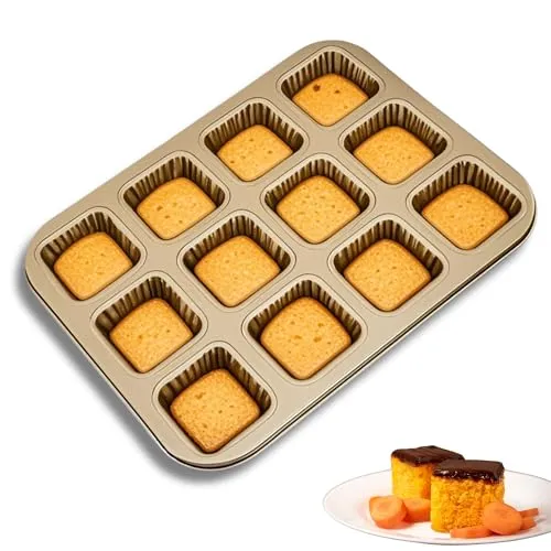OlBuWa Mini Brownie Backform, 12 Quadratische Brownie Mulden, Antihaft Backform Mini Kastenform, Madeleines für Ofen Backen Brot Schokolade Muffin Brownie 35.5 x 26.5 cm (Gold)