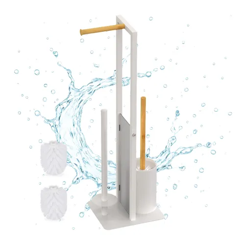 relaxdays WC-Garnitur Bambus & Metall, weiß – Eleganter Toilettenständer - Toilettenbürstenhalter mit klugem Design aus Bambus und mattem Metall. Praktische Kombination aus Klopapier- und Bürstenhalter, hygienisch dank wechselbarem Bürstenkopf. Ideal für Bad oder Gäste-WC.