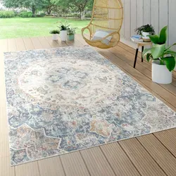 Paco Home Outdoorteppich Blau, Rund 160x160 cm - Teppiche & Böden, strapazierfähiger Outdoorteppich aus 100% Polypropylen, perfekt für Balkon und Terrasse, pflegeleicht und schadstofffrei nach Oeko-Tex®.