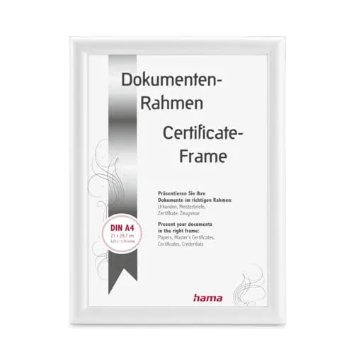 Hama Bilderrahmen Swing, 21x29,7cm (ideal für Urkunden und Dokumente in DIN A4, moderner Kunststoffrahmen, für Hochformat, für Querformat, zum Hinstellen/Hängen, Reflex Glas, Dokumentenrahmen) weiß