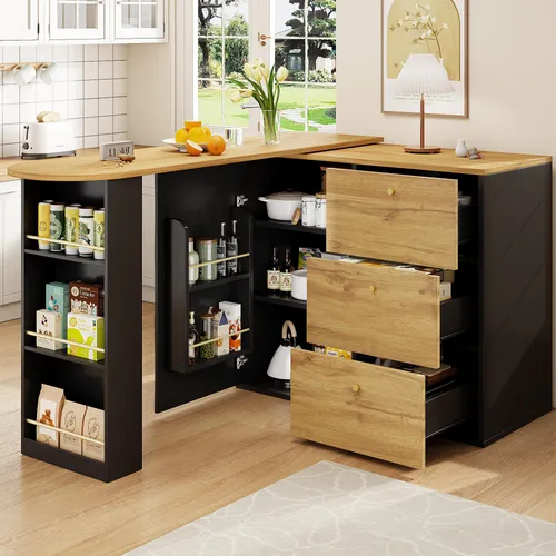 MODFU Ausziehbarer Kücheninsel 360° drehbare Essbar mit ausziehbarer Arbeitsfläche,Moderner Sideboardschrank mit Schubladen und Regalen,Schwarz