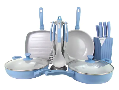 Teiliges Küchen-Starter-Set: 18-teiliges Pfannen- und Messerblock-Set in Blau - Küchenutensilien-Set mit 6 hochwertigen Pfannen, 6 Messern und 6 Küchenhelfern – ideal für Anfänger und Profis! Ergonomisches Design für komfortables Kochen und einfache Reinigung.