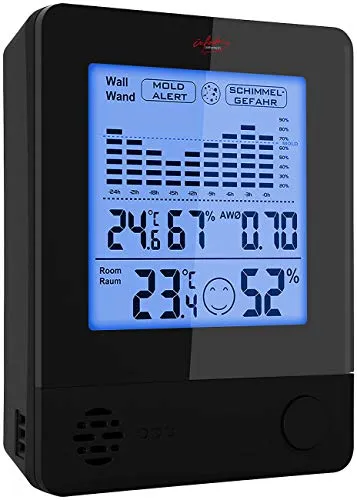infactory Schimmelwarner: 2in1-Thermometer & Hygrometer - Feuchtigkeitsmessgerät mit Schimmel-Alarm zur Raum- und Wandmessung, ideal für Wohnräume und Keller. Misst präzise Temperatur und Luftfeuchtigkeit mit 24-Stunden-Historie.