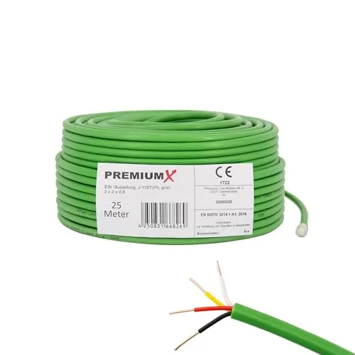 Premium X 25m EIB KNX Busleitung J-Y(ST) Yh 2x2x0,8 Eca Bus-Kabel Installationsbusleitung Telekommunikationskabel Fernmeldekabel Datenkabel Datenleitung grün