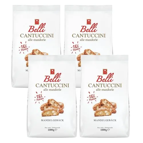 Belli Cantuccini Mandelgebäck 4x1KG – Italienische Biscotti mit 18% Mandeln - Genießen Sie die knusprigen Cantuccini mit 18% Mandeln aus der Toskana. Doppelt gebacken für perfekten Biss, ideal zum Dippen in Espresso oder Tee. Vorratspackung für unbeschwerten Genuss!