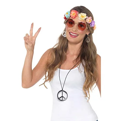 NET TOYS Hippie-Kostüm Set | Schöne Damen-Accessoires mit Blumen-Haarband, Brille, Peace-Kette & Ohrringen | Bestens geeignet für Schlagerparty & Festival