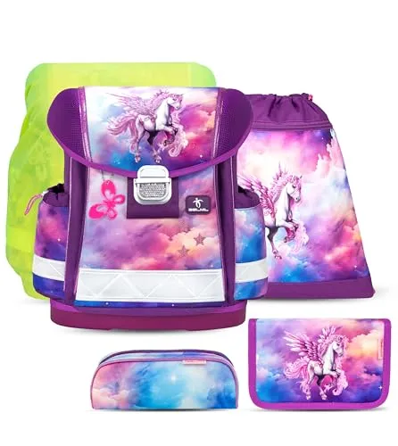 Belmil Schulranzen Set 403-13/AG/S/R 5 - teilig ergonomischer Schulranzen Set mit Regenschutz 1. klasse 2. klasse 3. klasse - Super Leicht 930-990 g/Grundschule (Pegasus)