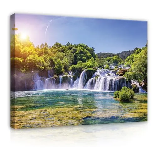 WallArena - Leinwand Bilder - Wasserfall Natur grün Landschaft - 100x75 cm Leinwandbilder - Bild auf leinwand - Wandbild XXL groß Wandbilder für Wohnzimmer Schlafzimmer Wohnzimmerbilder Modern