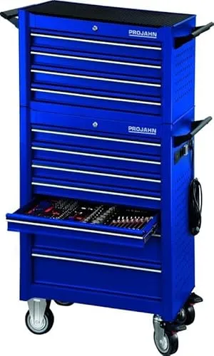 Projahn Werkstattwagen UNIVERSE - 379-teilig mit E-Power Elektroverteiler - Werkzeugwagen mit 7 Schubladen, robuster Stahlblechbauweise und hoher Tragfähigkeit bis 650 kg. Ideal für Werkstätten, mit Diebstahlschutz und ergonomischem Design für optimale Mobilität.