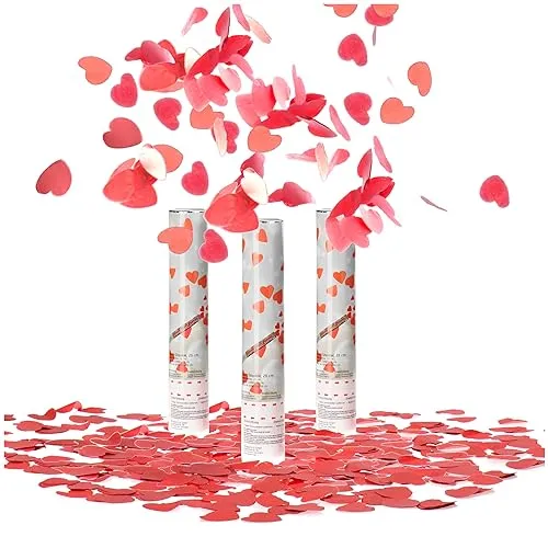 com-four® 3x Shooter Party Popper-Set 28cm, Konfetti-Kanone zum Drehen für Silvester, Partys, Geburtstage, Konfetti Bombe mit 6m Effekthöhe (03 Stück - Herzen 28cm)
