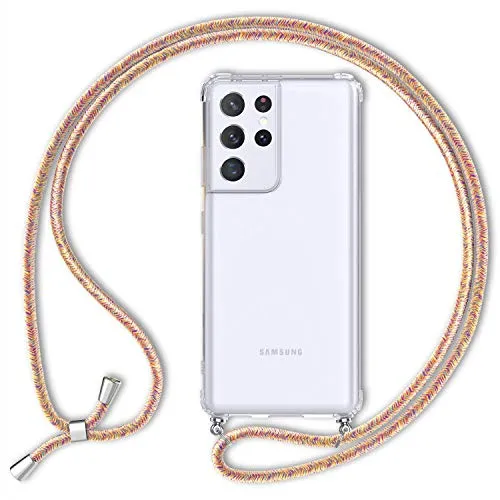 NALIA Handyhülle mit Kette passend für Samsung Galaxy S21 Ultra Hülle, Transparente Schutzhülle & Handy-Schnur, Slim Necklace Hardcase mit Umhänge-Band, Kordel Cover Chain Case, Farbe:Regenbogen Bunt