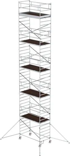 Aluminium-Rollgerüst mit verstellbaren Auslegern und Doppel-Plattform - Werkstattausrüstung-Zubehör, Tragfähigkeit von 150 kg für maximale Sicherheit und Flexibilität bei Arbeiten in der Höhe.
