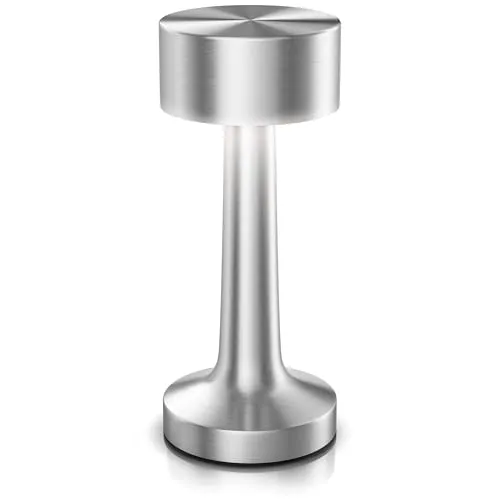 CSL - LED Tischleuchte kabellos dimmbar – 3 Lichtfarben – mit Akku - stufenlos dimmbar – Touch - USB C Ladeeingang – Tischlampe im Vintage Stil Edelstahl - Indoor Outdoor