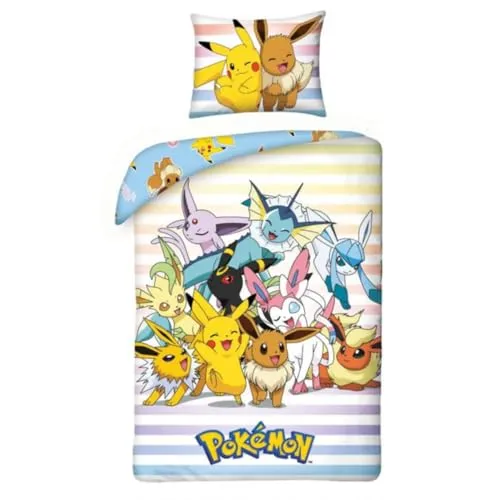 Pokemon Pikachu Eeveelutions Eevee - Bettwäsche-Set Bettbezug 140 x 200 cm + Kissenbezug 70 x 90 cm - wendbar - 100% Polyester - Mehrfarbig