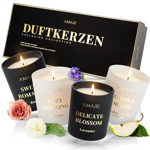 Amari Duftkerze ® Set mit 4 Aromen - Duftkerzen Set mit Lavendel, Rose, Birne und Freesie, ideal für stimmungsvolle Atmosphäre und Entspannung.