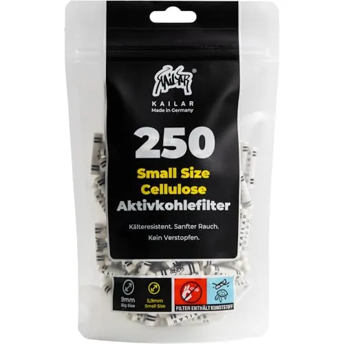 KAiLAR 250 WHITE Cellulose Aktivkohlefilter Slim (6 mm) - Küche, Kochen & Backen: Genießen Sie ein schadstoffärmeres Raucherlebnis mit veganer Aktivkohle aus Kokosnussschalen und Kälteresistenz – ideal für sanftes Rauchen ohne Verstopfung.