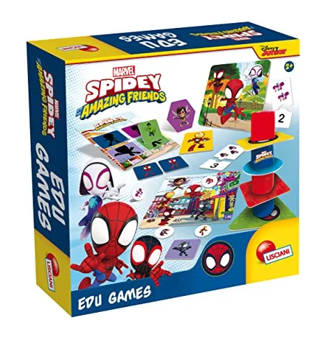 Lisciani – MARVEL - Spidey Edugames – Superhelden-Lernspiel für Kinder ab 2 Jahren – Set mit 10 Pappspielen und 8 Kunststoffzylindern – Fördert die manuelle Geschicklichkeit – Regt Kreativität