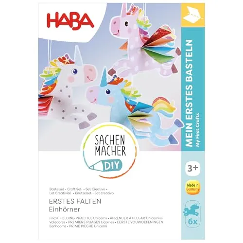 HABA Sachenmacher Bastelset Erstes Falten Einhörner (6er Set) – Einhorn basteln ab 3 Jahren, Falt-Set für Kinder, Deko für Kinderzimmer, Kindergarten & Kita - 2013242