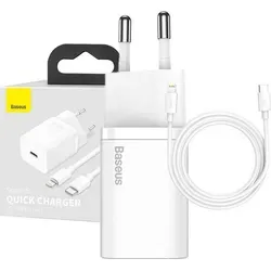 Baseus Super Si Netzteil, Schnellladefunktion 20 W, 1 x USB Typ-C 5 V/3 A max., inklusive USB Typ-C auf Lightning iPhone-Kabel 1 m, weiß „TZCCSU... - Weiß