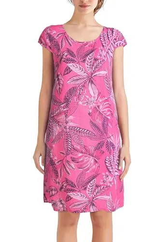 PEKIVESSA Leinenkleid Knielang mit floralem Muster Kurzarm Pink 44 (XXL)
