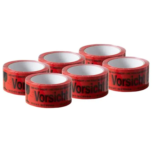ARLI Paketband Vorsicht Glas 6 Rollen Paketklebeband - 66m x 48mm Warnhinweis rot für sicheren Versand von Glaswaren Auffälliges rotes Klebeband mit Aufdruck zerbrechlich (6x Vorsicht Glas)