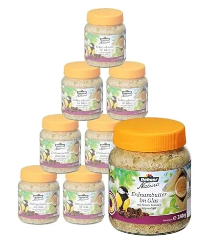Dehner Natura Premium Wildvogelfutter mit Erdnussbutter und Rosinen - Körnerfutter für Wild- und Gartenvögel, energiereich und ideal für die ganzjährige Fütterung. Ungesalzene Erdnussbutter im Glas mit feinen Rosinen sorgt für zusätzlichen Genuss!