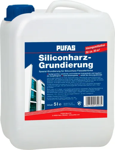 PUFAS Siliconharz-Grundierung SG - 5 l Kanister - Trinkflaschen und mehr: Spezial-Grundierung für Siliconharz-Fassadenfarbe, ideal zur Festigung mineralischer Untergründe mit hoher Eindringtiefe und diffusionsoffener Wirkung.