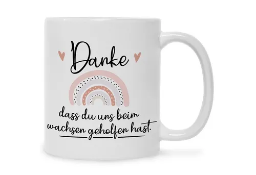 GRAVURZEILE Tasse Tasse mit Motiv - Danke dass du uns beim Wachsen geholfen hast, Regenbogen Rosa - Weiß