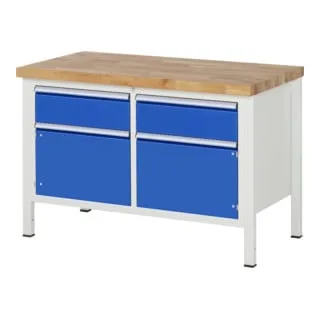 Rau Werkbank Modell 8466 - Robuste Standardwerkbank - Standardwerkbank mit 40 mm Buche-Massiv-Arbeitsplatte, belastbar bis 1.250 kg, ideal für Werkstätten. Nachhaltige Produktion und 5 Jahre Qualitätsgarantie. Komplett montiert geliefert.