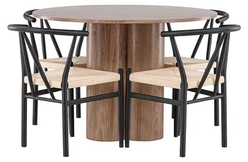 Olivia Essgruppe Tisch Ø110cm mit 4 stapelbaren Armlehnenstühlen - Elegante Essgruppe mit einem Ø110cm Tisch und 4 komfortablen, stapelbaren Armlehnenstühlen. Ideal für gemütliche Esszimmer und platzsparende Aufbewahrung.