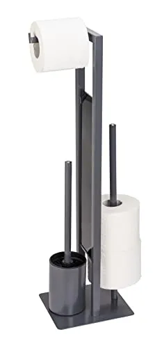 WENKO Stand WC-Garnitur Rivalta - WC-Bürsten & Halter: Elegante Stand WC-Garnitur in Grau mit integrierten Haltern für Toilettenpapier und Ersatzrollen - stilvolle, platzsparende Lösung für modernes Baddesign.