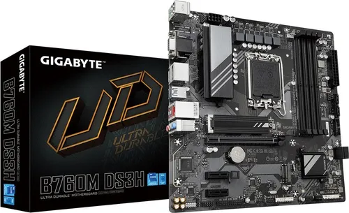 Gigabyte B760M DS3H DDR4-1.0 Micro ATX Motherboard - LGA1700-Sockel für 13. und 12. Gen Intel Prozessoren, herausragende Leistung mit 6+1+1 Phasen VRM Solution und 2x PCIe 4.0 M.2 Slots