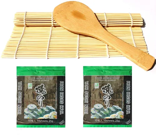 Sushi Roll Matte aus Bambus + Reislöffel + 2x 10 Nori Algenblätter sushiset