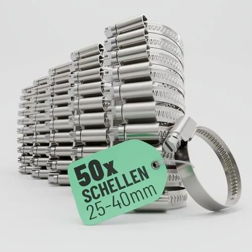 greate 50x Schlauchschellen Edelstahl 25-40 mm - Einstellbare Schlauchschelle mit 9 mm Bandbreite - Rohrschelle rostfrei - Schellen für Pool, Teich, Waschmaschine uvm - Schraubschellen Edelstahl 304